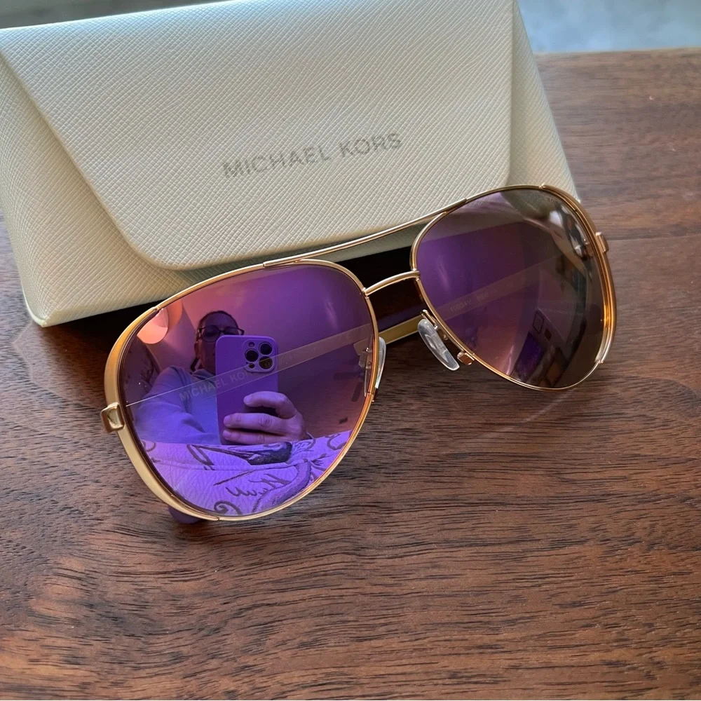 Michael Kors Rose Gold Aviator Frame Sunglasses with Purple Lenses - Picture 2 of 7